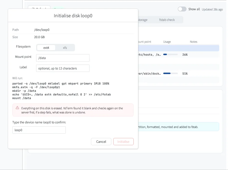 Initialise disk dialog